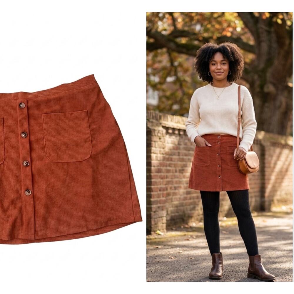 Burnt Orange Ribbed Button Front Mini Skirt Plus Size 1XL